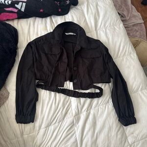 Black cropped button down canvas top